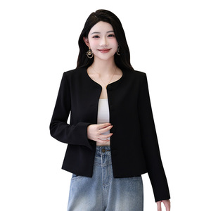 Women's Autumn Winter Round Neck Blazer Black Solid Color Polyester Woven Slim Fit Casual <b>Jacket</b> <b>Short</b> Coat - Product Image 5