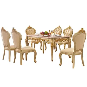 Luxus-Esszimmerset im europäischen Stil Champagner Golden Dining Chair 6-Sitzer Marmor Desktop-Esstisch-Sets