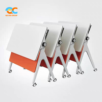 Table de formation à roulettes avec plateau blanc et panneau orange, pliable et emboîtable, pour réunions de bureau, salles de formation et bureaux