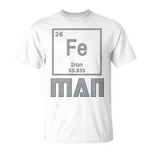 Camiseta Iron Fe Man Periodic Table para adultos, unisex, blanca, con cuello redondo, manga corta, diseño de elementos científicos - Product Image 1