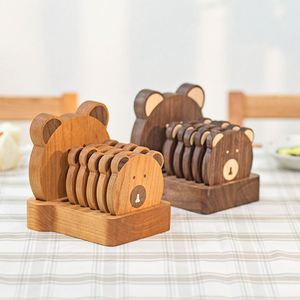 Sous-verre en bois motif ours au design moderne, tapis isolant créatif pour table basse, tasse à thé, cuisine, pot à sable, accessoires de photographie - Product Image 1