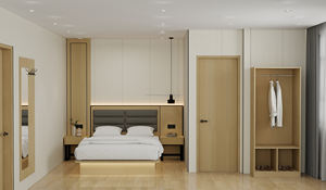 Ensemble de meubles de chambre à coucher pour hôtel 3 étoiles, lit plateforme moderne en bois avec tête de lit capitonnée, tables de chevet, armoire et meuble TV - Product Image 4