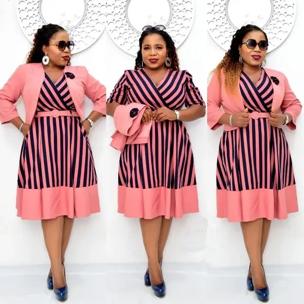 Cheap Autumn Elegent African Dresses African Print stripe Plus Size Dress XL-4XL 2 Piece Sets Dress Coat Suit For Women