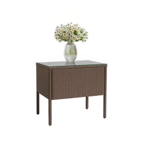 Mesa Auxiliar de Ratán Sintético Marrón para Exteriores con Tapa de Vidrio Templado, Diseño Contemporáneo, Resistente, para Patio y Jardín - Product Image 1