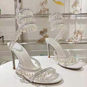 New sexy crystal pendant women's high-<b>heeled</b> satin sandals with snake-shaped intertwined diamond fringes decoration - Product Image 6