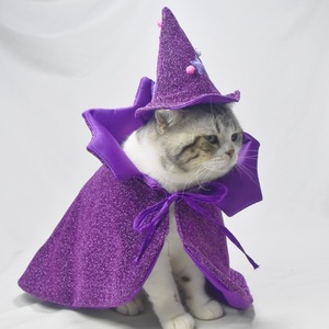 Magnifique costume d'Halloween pour animaux de compagnie, cape et chapeau violets scintillants pour chats, vêtements décoratifs pour animaux. - Product Image 4