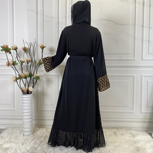 Classic Black Open Abaya With Sequins Mesh Long Sleeve Stunning Abaya Dress Kimono Islamic Clothing 1863# - Product Image 3