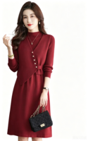 Ensemble robe en tricot de laine et acrylique de haute qualité en 2 pièces, col en V asymétrique, gilet, robe midi côtelée à col montant pour femme, tenue de bureau