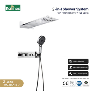 Sistema de Ducha Cromado Empotrado en Pared, Rectangular, con Efecto Lluvia y Cascada, 4 Funciones, Botón Pulsador Termostático, Ducha de Mano Redonda - Product Image 1