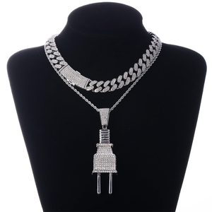 Hip Hop Icy Bling Choker Necklace Jewelry Set Men's Iced Out Gold Plated Rhinestone Diamond <strong>Plug</strong> Pendant With Cuban Link <strong>CHAIN</strong> - Product Image 3