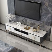 Meuble TV en marbre blanc de style européen moderne et simple pour salon, avec quatre pieds de table en métal noir et blanc
