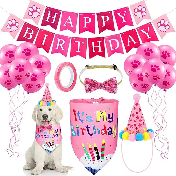 Fabricant gros chien anniversaire décoration ensemble rose bleu ballon chapeau bandana drapeau chien noeud papillon animal de compagnie fête d'anniversaire fournitures