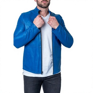 <b>LONG</b> MISSION INDUSTRY Men's Blue <b>Leather</b> <b>Jacket</b> Mandarin Collar Zipper Closure Casual Slim Fit Solid Color Regular Length Winter - Product Image 1
