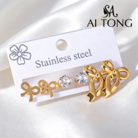 Ensemble de boucles d'oreilles en acier inoxydable plaqué or, motifs variés (nœud, papillon, cœur, trèfle, étoile de mer, zircon), bijoux fantaisie pour femme, vente en gros