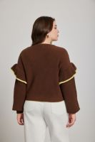 Übergrößen-Damenpullover mit Rundhalsausschnitt und 3D-Häkelblumen-Applikation, Rüschenärmeln und Kontrastbesatz