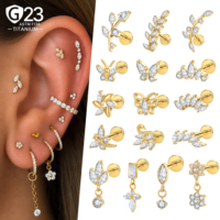 Anting-anting labret helix bibir berlapis emas 18K titanium ASTM F136, perhiasan tubuh wanita, tindik fesyen dari titanium.