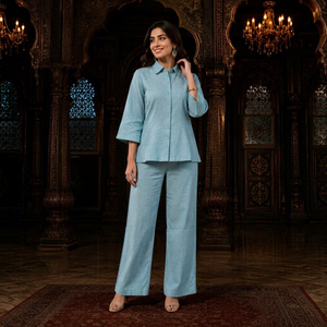 Conjunto de Camisa de Algodón Azul Claro y Pantalones Palazzo para Mujer, Estilo Étnico de India y Pakistán, Corte Regular, Largo hasta el Tobillo, para Todas las Temporadas - Product Image 1