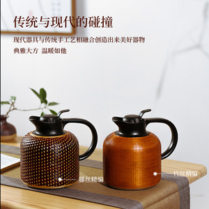Bamboo Woven Stainless Steel Thermos Flask Round Vacuum Design Traditional Chinese Style Travel Use <b>Large</b> Capacity - Product Image 2