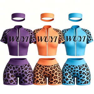 Ensemble de sport décontracté 2 pièces pour femme, imprimé léopard, à capuche, manches longues, haut et short longs, en maille, avec logo personnalisé, été, taille XXS - Product Image 1