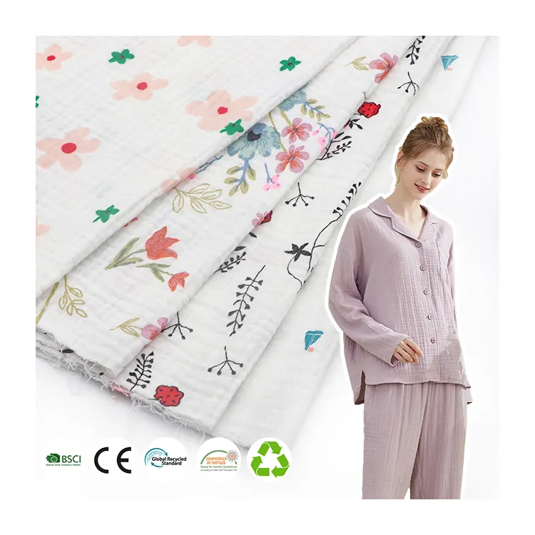 Tela de muselina 115GSM suave transpirable 100% algodón crepé tela doble gasa arrugada tejido estampado tela de algodón para ropa de dormir