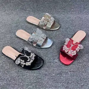 Chaussures de créateur personnalisées pour femmes, chaussures décontractées à imprimé papillon et strass, sandales plates tendance mode pour femmes