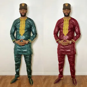 H & D Nouveau Style Africain Hommes Bazin Riche Vêtements Hommes Broderie Haut Et Pantalon Pantalon 2 Pièces Costume Vêtements