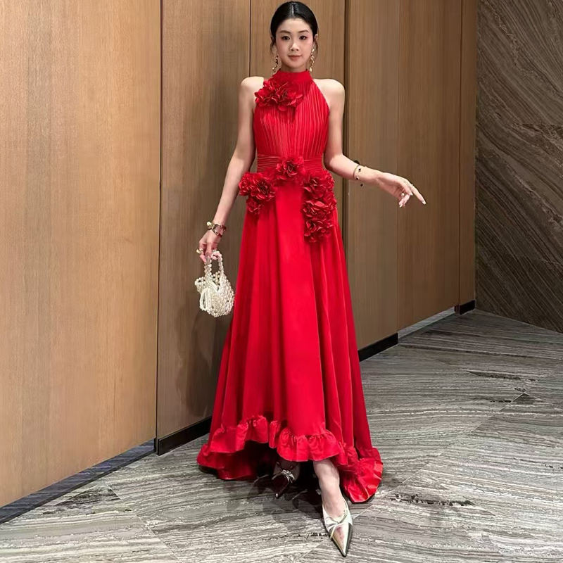 Cuello Alto Vestido Rojo Corto Manga Larga Outfit Vestido Rojo