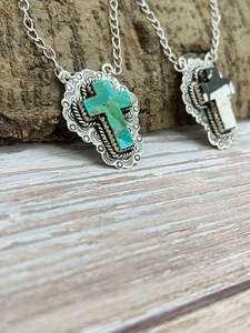 HANDMADE STERLING SILVER WHITE BUFFALO KINGMAN TURQUOISE <b>CROSS</b> NECKLACE JEWELRY FOR WOMEN - Product Image 2
