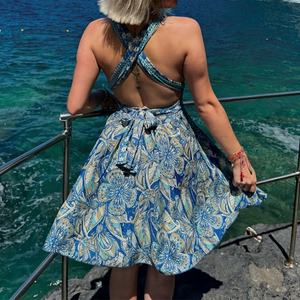 ปรับแต่งโลโก้แบรนด์ของคุณเอง ชุดเดรสปาร์ตี้ผู้หญิงแบบผูกคอ ผลิตตามแบบ OEM ผ้าเรยอนวอยล์ 100% ชุดลำลอง - Product Image 2