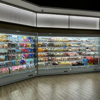 Vitrine réfrigérée de supermarché, vitrine verticale, réfrigérateur ouvert pour boissons, fruits, gâteaux, viande, boissons
