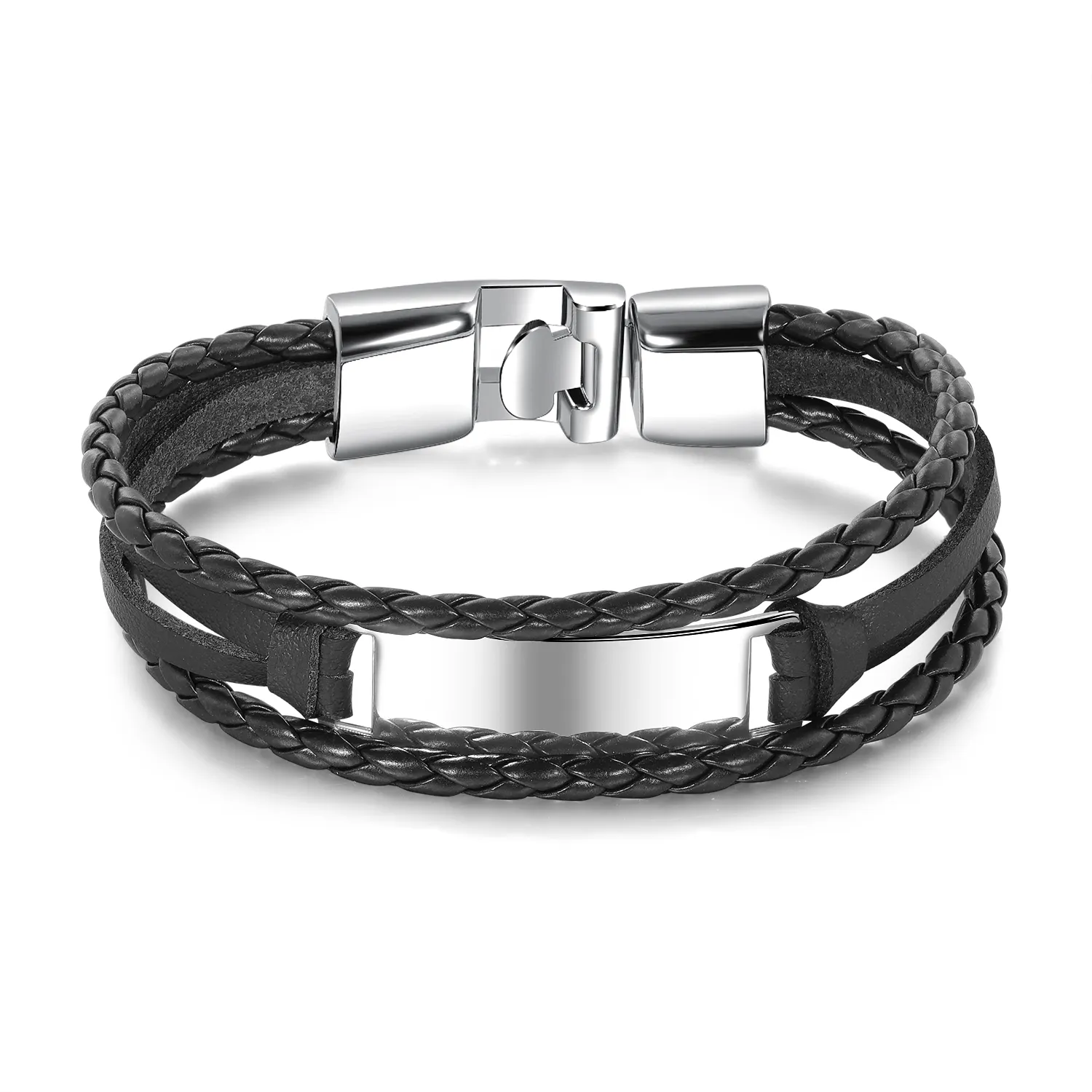 Best popular stainless steel braided multi-layered men bracelet with leather strap magnetic clasp jewelry