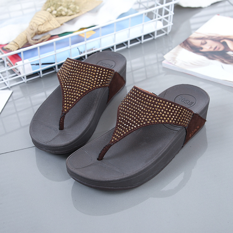 Summer Rhine-drill Flip-flops Slippers Women Medium Heels Sandals Non-slip Wedges Flip Flops