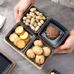 Juego de platos de cerámica con bandeja de madera, plato cuadrado para servir bocadillos, condimentos, frutas secas, para uso doméstico. - Product Image 4