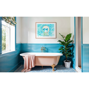 Cuadro de arte en papel de acuarela con caballo azul costero para decoración de pared en hoteles boutique y espacios de vida. - Product Image 1