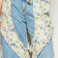 Jeans Boyfriend à Jambes Larges Bleu Clair Recyclé pour Femmes, Patchwork Floral, Bordure en Crochet, Denim Rétro, Style Bohème, Décontracté, Streetwear