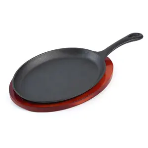 Oval Steak Serving Skillet Mexican Black Cast Iron Fajita Platter Set With Wooden Underliner Tray