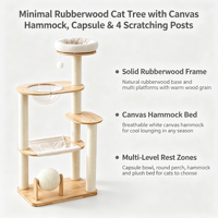 Arbre à chat multi-niveaux ScratchHaven 132 cm en bois de caoutchouc avec hamac en toile, bol en acrylique transparent et quatre poteaux à gratter en sisal