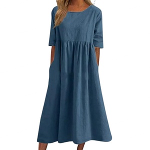 Vestido de Lino para Mujer de Alta Calidad OEM, Venta al Por Mayor, Estilo Casual, Largo Midi, con Cuello, Manga Corta, Cintura Natural, Color Sólido - Product Image 3