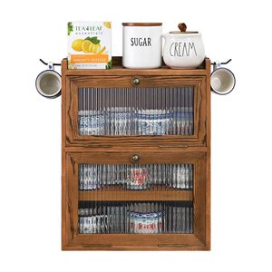 Mueble de Almacenamiento de Madera de 2 Niveles <span class=keywords><strong>para</strong></span> Encimera con Puertas Onduladas, Organizador de Madera con Bandeja de Té Extraíble, Mueble de Bambú - Product Image 3
