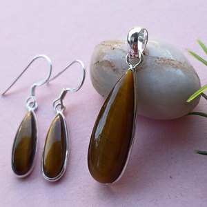 Tiger Eye Top Quality Gemstone Pear Shape Cut Stone <b>Solid</b> <b>Silver</b> Earring With Pendant Gemstone For Women Bulk Suppliers - Product Image 5