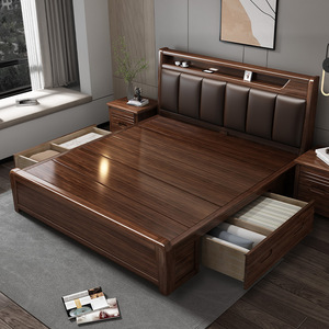 Lit de rangement en bois massif couleur noyer avec tête de lit rembourrée et coffre de rangement, mobilier de chambre pour adultes et personnes âgées - Product Image 3