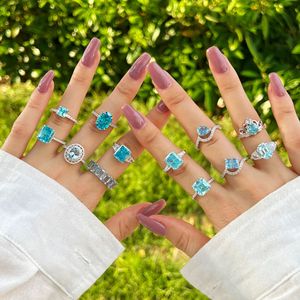 Anillo de Plata de Ley S925 Estilo Europeo <span class=keywords><strong>Americano</strong></span> para Mujer, Circonita Azul Corte Radiante, Joyería Deslumbrante, Accesorios al por Mayor - Product Image 1