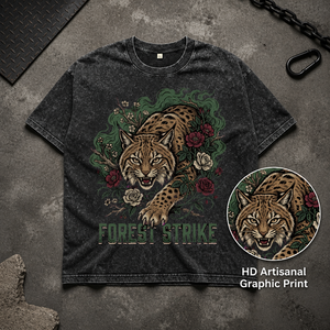T-shirt surdimensionné personnalisé avec logo, délavage acide, imprimé graphique vintage Lynx Forest Strike, pour fabricant de vêtements de marque - Product Image 4