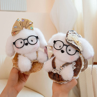 Porte-clés en peluche chiot personnalisé OEM/ODM - Breloque de sac chien blanc avec lunettes et dragonne tressée