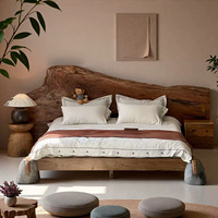 Cadre de lit double en bois massif de chêne sculpté à la main, style Wabi-sabi, design inspiré des troncs vieillis, origine chinoise, pierre et bois