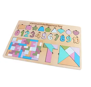 Number Counting Colors Stacking 5-in-1 Puzzle Board Digital Shape Recognition Board Colorful Wooden Tangram Blocks