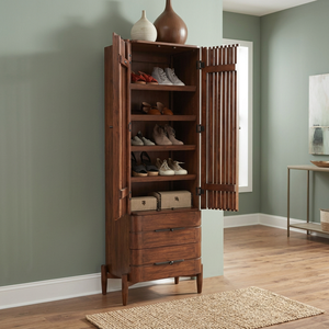 Armoire à chaussures en bois de style Mid-Century Modern, armoire haute avec portes à lattes et tiroirs pour entrée ou couloir - Product Image 1