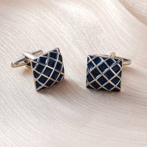 Boutons de manchette pour homme en laiton, agate, doré, émail noir, motif quadrillé, pour chemises de cérémonie, mariage, bleu, argent - Product Image 4