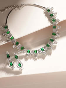 Collier plaqué argent avec motif de déclaration AD lapidé vert avec boucles d'oreilles AD ensemble de bijoux vêtements de fête de mariage disponibles - Product Image 4
