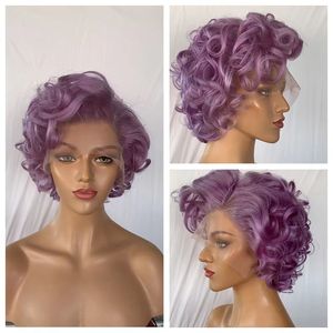 Orange Violet Marron Rose Gris 99J Noir Ondulé Bouclés Pixie <span class=keywords><strong>Coupe</strong></span> 100% <span class=keywords><strong>Cheveux</strong></span> Humains Vierges Bruts 13X6 Lace Front Perruques <span class=keywords><strong>Pour</strong></span> Dames - Product Image 4